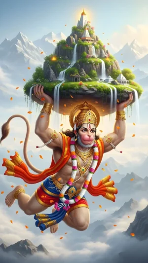 Majestic Lord Hanuman carrying Dronagiri Sanjeevani mountain with temple waterfalls and Himalayan peaks epic Hindu mythology framed canvas art print
