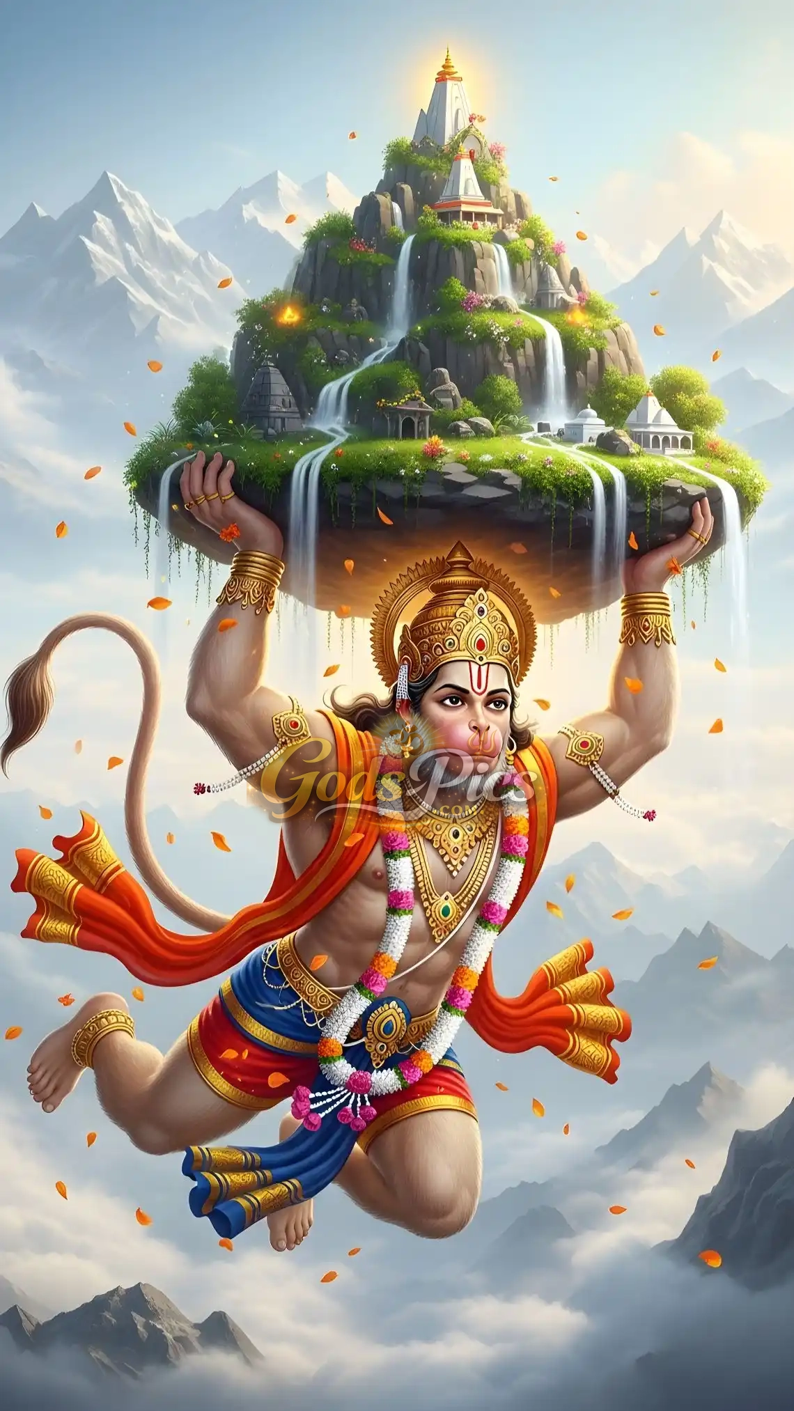 Majestic Lord Hanuman carrying Dronagiri Sanjeevani mountain with temple waterfalls and Himalayan peaks epic Hindu mythology framed canvas art print