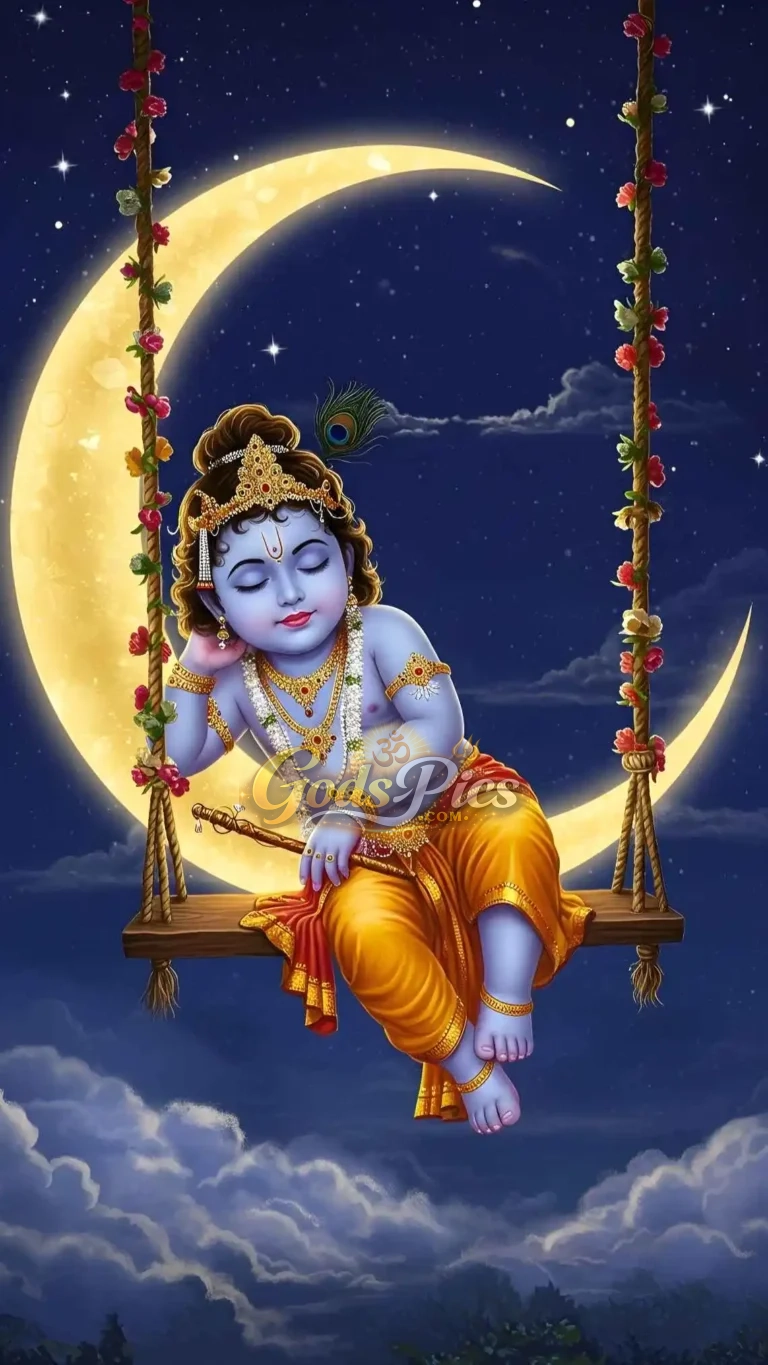 Divine Lord Krishna Sleeping In Moon– Premium Spiritual Digital Art (Set of 4 Images)