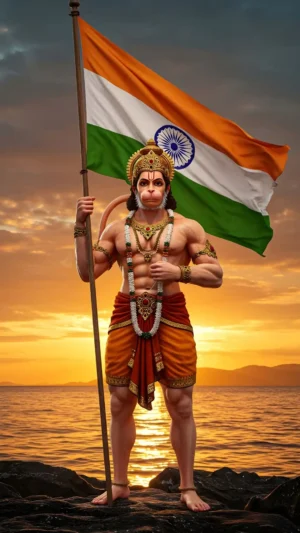 Veer Lord Hanuman Holding Indian National Flag – Patriotic Spiritual Digital Art