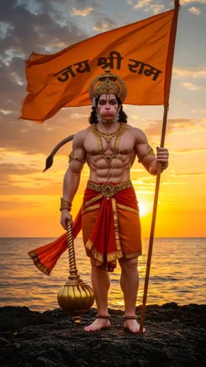 Veer Lord Hanuman with “Jai Shri Ram” Flag – Powerful Devotional Digital Art