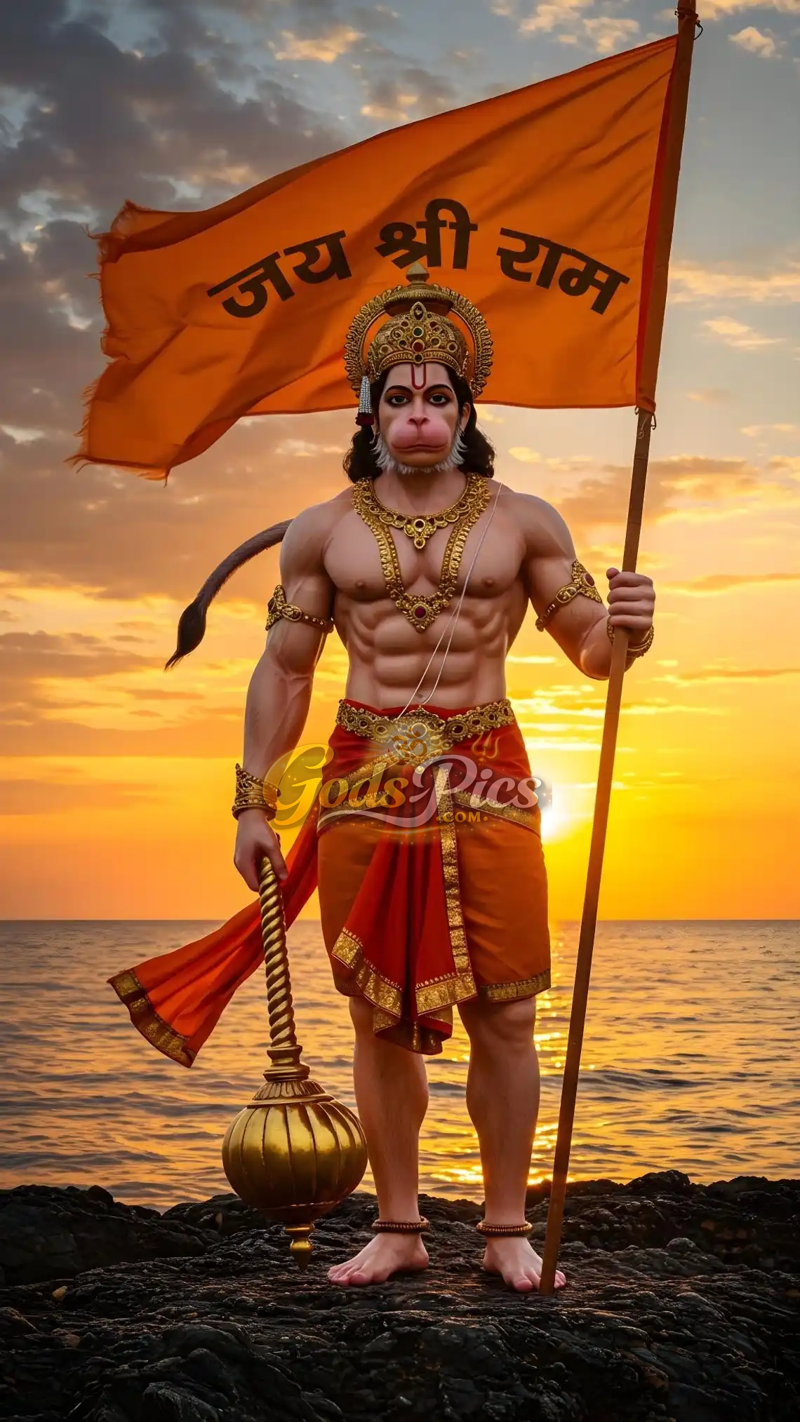 Veer Lord Hanuman with “Jai Shri Ram” Flag – Powerful Devotional Digital Art