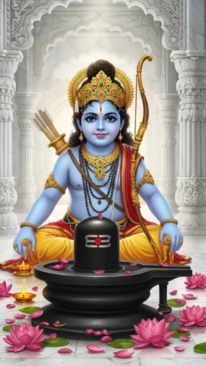 Divine Lord Rama Meditating Before Shiva Lingam – Premium Spiritual Digital Art