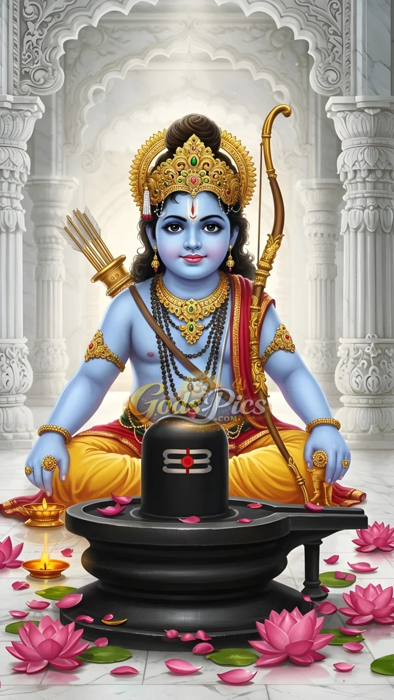 Divine Lord Rama Meditating Before Shiva Lingam – Premium Spiritual Digital Art