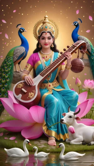 Divine Goddess Saraswati Playing Veena – Premium Spiritual Digital Art
