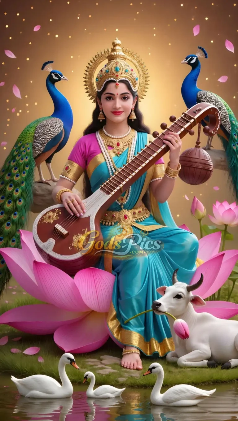 Divine Goddess Saraswati Playing Veena – Premium Spiritual Digital Art