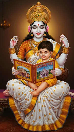 Divine Goddess Saraswati Teaching Child – Premium Spiritual Digital Art (Set of 3 Images)