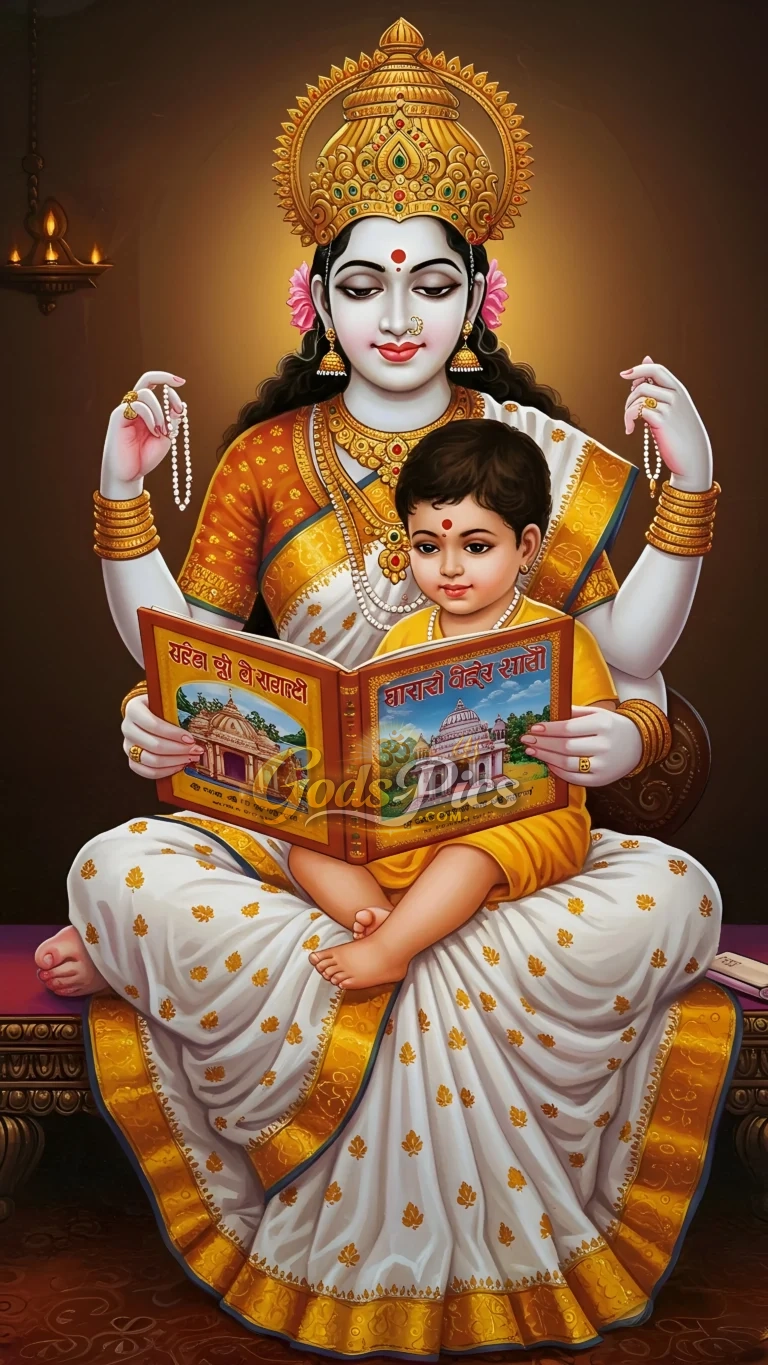 Divine Goddess Saraswati Teaching Child – Premium Spiritual Digital Art (Set of 3 Images)