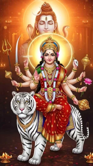 Maa Durga with Lion And Background Shiva Image