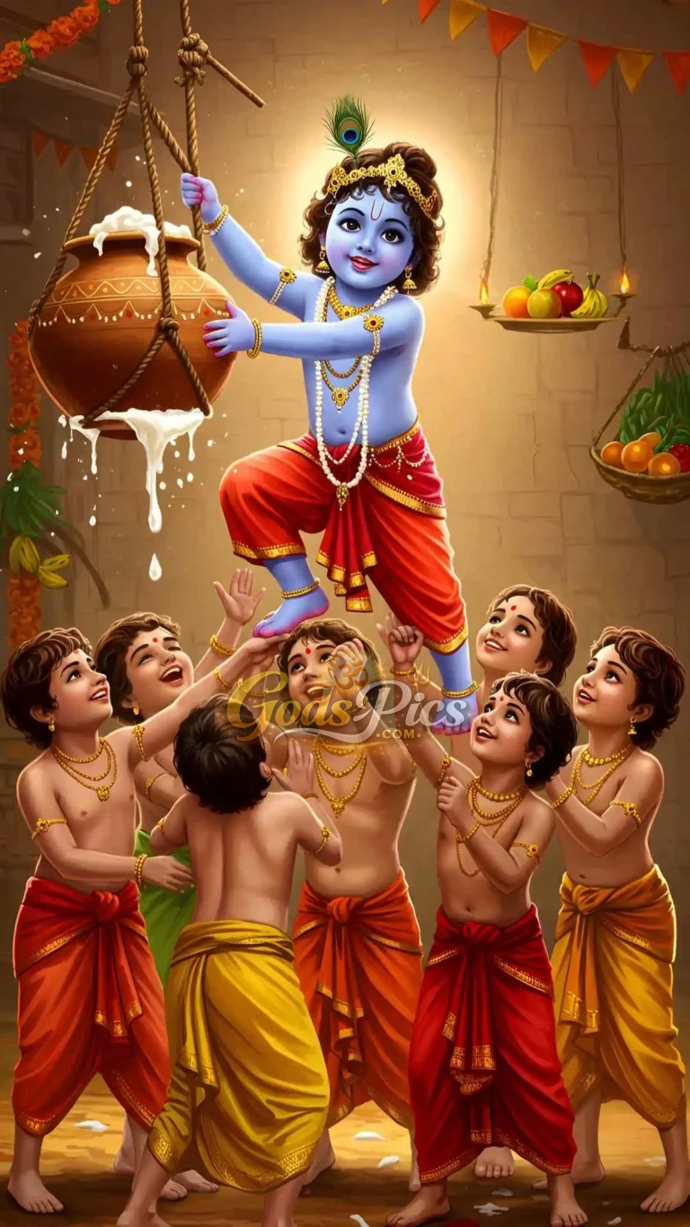 Bal Krishna With Friends Makhan Chori HD (2 Set Images)