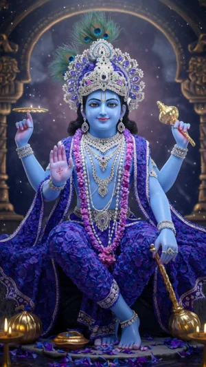 Lord Krishna Divine Royal Form – Sacred Blue Vishnu Avatar Digital Artwork
