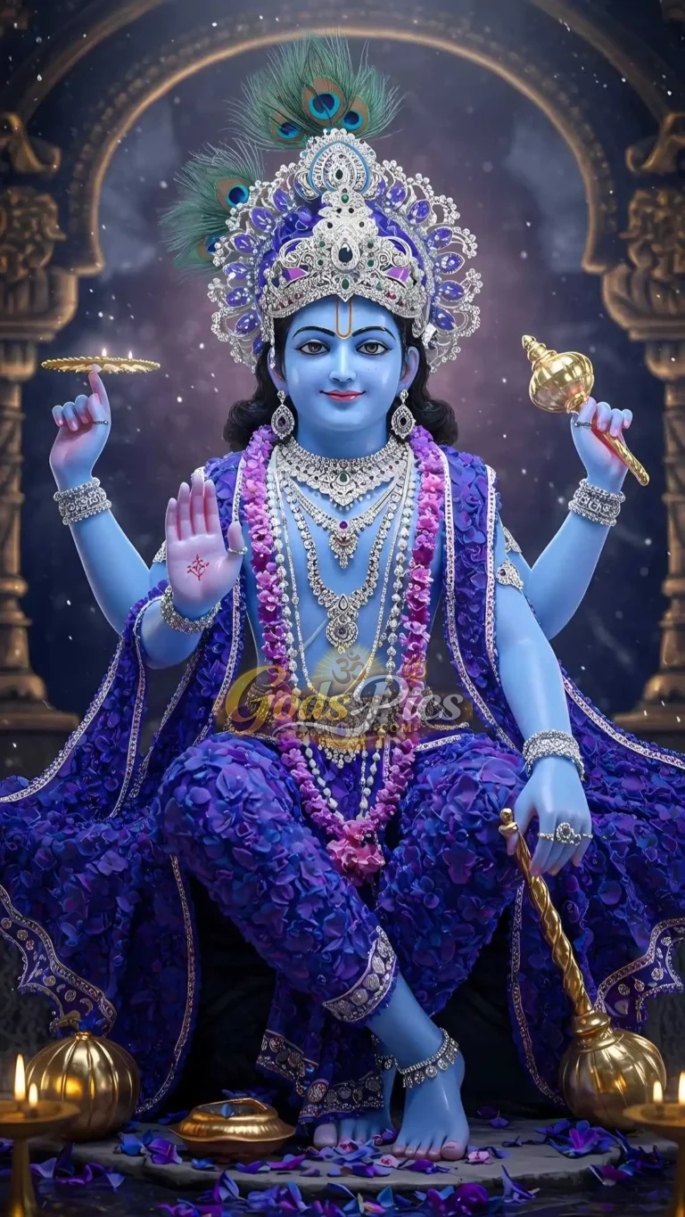 Lord Krishna Divine Royal Form – Sacred Blue Vishnu Avatar Digital Artwork