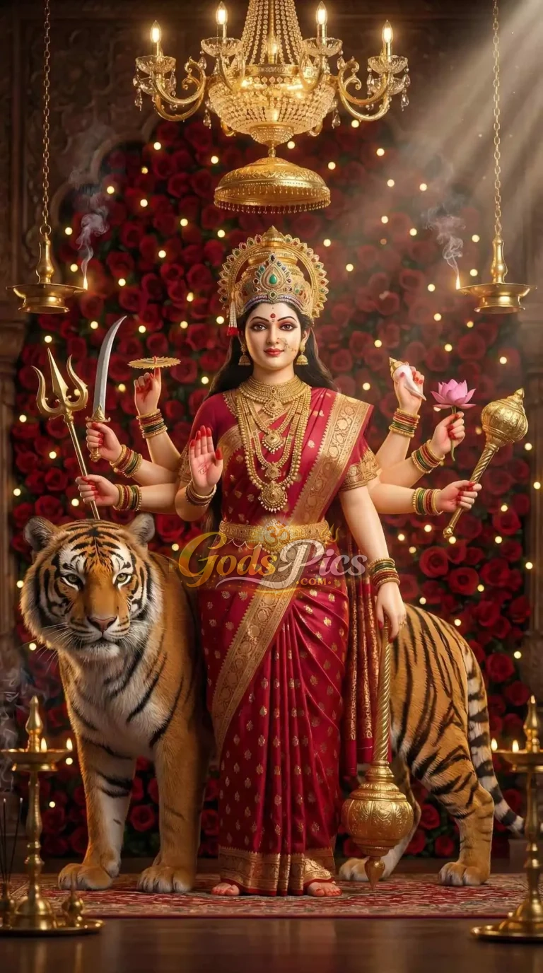 Maa Durga with Lion Beautiful Wallpaper By Gods Pics