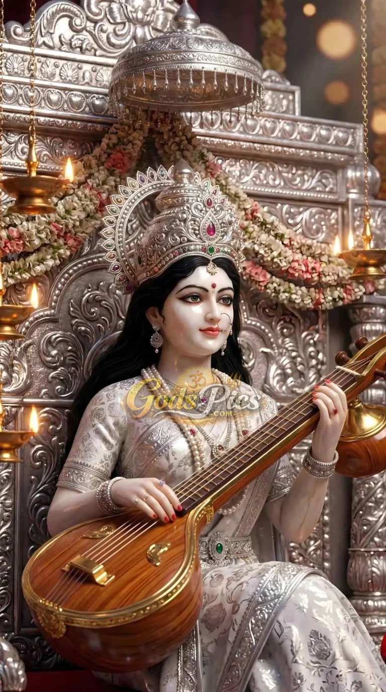 Divine Goddess Saraswati Playing Veena – HD Wallpaper