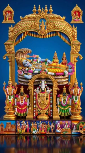 Lord Vishnu Anant Shayan with Tirupati Balaji HD Wallpaper | Vishnu Sheshnag Divine Artwork | Hindu God Poster Digital Download
