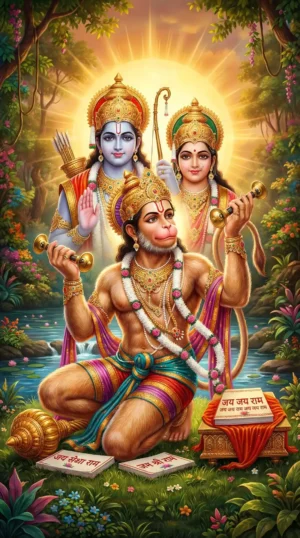 Lord Rama Lakshman with Hanuman HD Divine Wallpaper | Ram Darbar Hanuman Bhakti Artwork | Hindu God Digital Poster Download