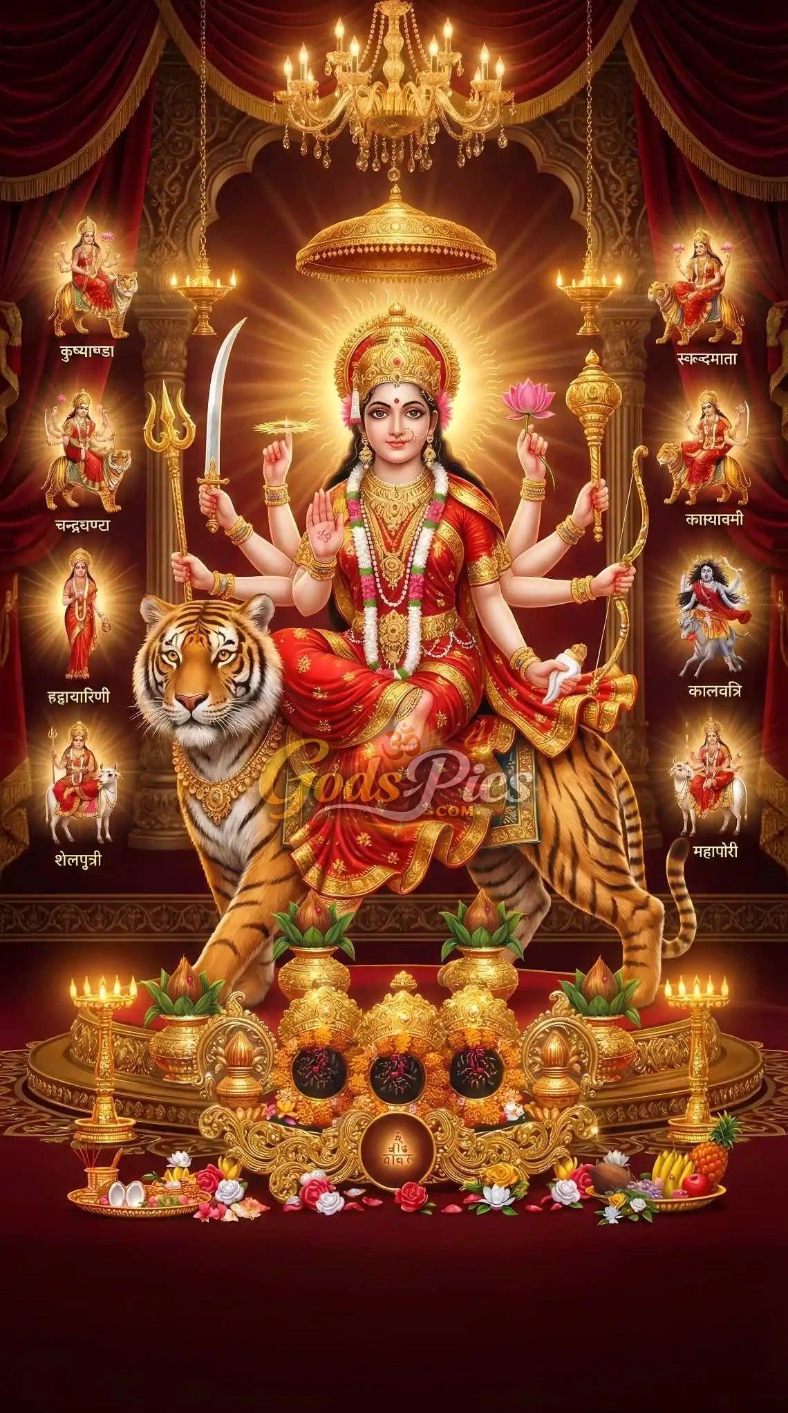 Maa Durga NavDurga HD Divine Wallpaper | Durga Mata Tiger Spiritual Artwork | Navratri Special Poster Digital Download