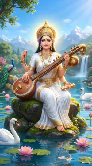 Divine Goddess Saraswati Playing Veena HD Wallpaper