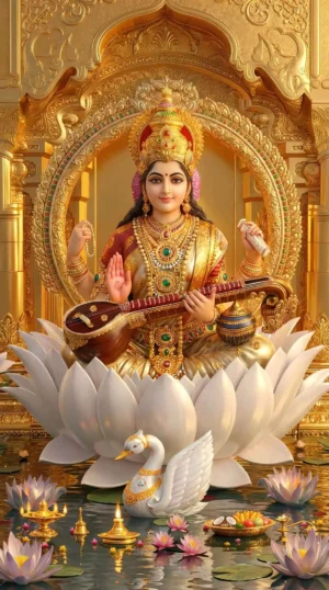 Divine Goddess Saraswati Playing Veena Golden HD Wallpaper