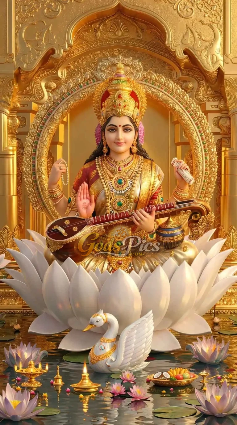 Divine Goddess Saraswati Playing Veena Golden HD Wallpaper