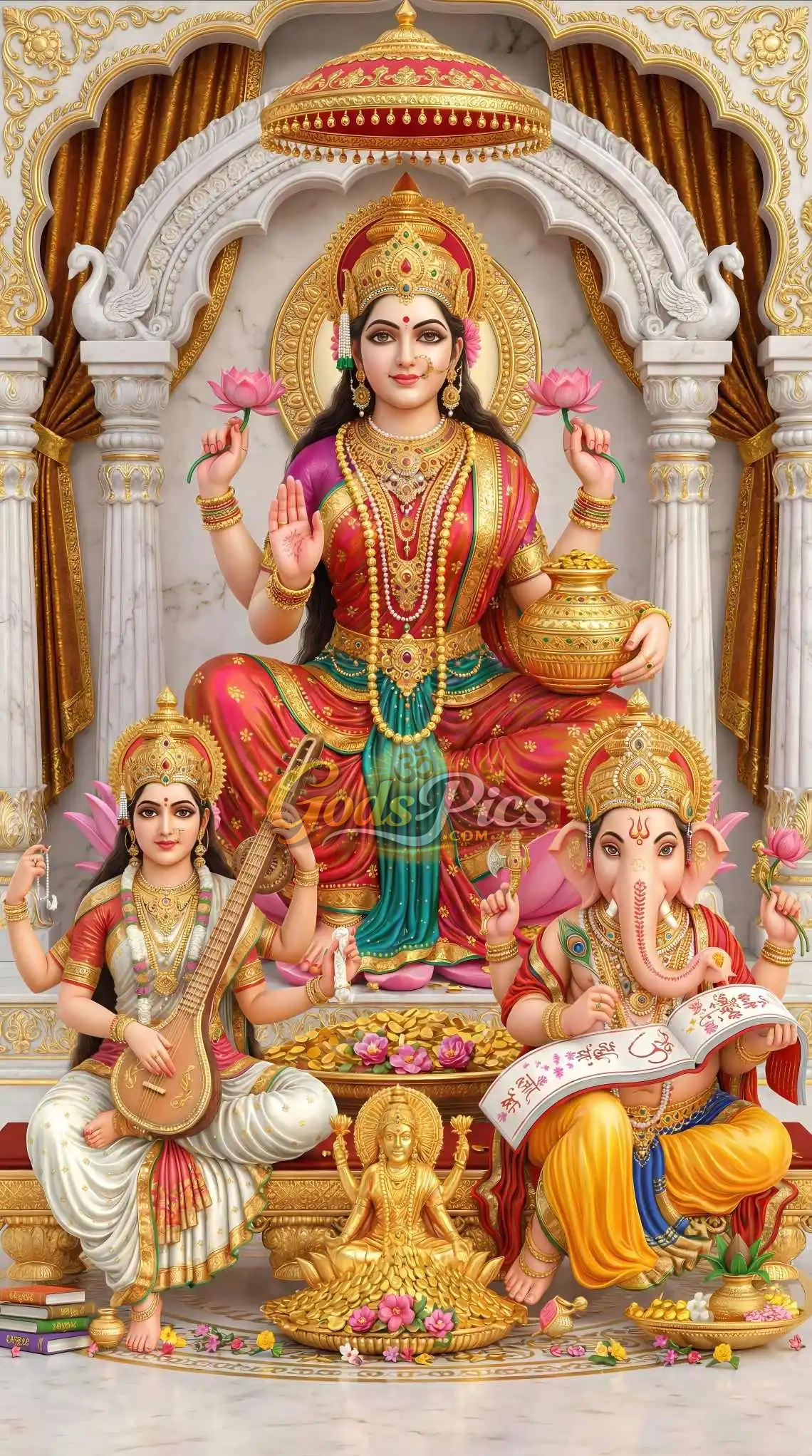 Lakshmi Saraswati Ganesha HD Divine Wallpaper 1 Lakshmi Saraswati Ganesha HD Divine Wallpaper | Wealth Knowledge Success Spiritual Artwork | Hindu God Poster Digital Download