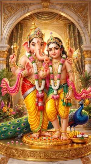 Lord Ganesha & Kartikeya HD Divine Wallpaper | Ganpati Murugan Spiritual Artwork | Hindu God Poster Digital Download