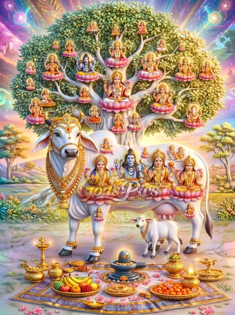 Kamadhenu Cow with Hindu Gods HD Wallpaper