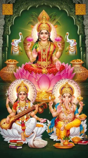 Home 14 Lakshmi Saraswati Ganesha HD Divine Wallpaper | Wealth Knowledge Success Spiritual Artwork | Hindu God Poster Digital Download