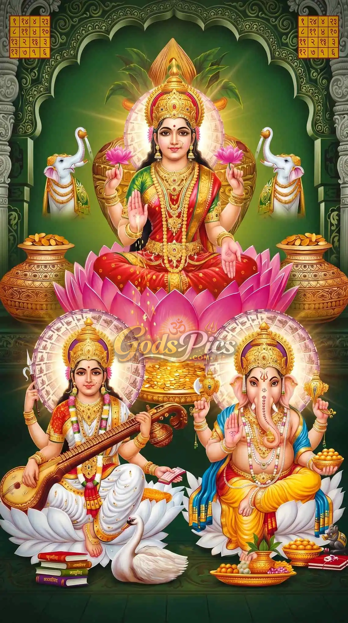 Lakshmi Saraswati Ganesha 4K HD Divine Wallpaper Download 1 Lakshmi Saraswati Ganesha HD Divine Wallpaper | Wealth Knowledge Success Spiritual Artwork | Hindu God Poster Digital Download