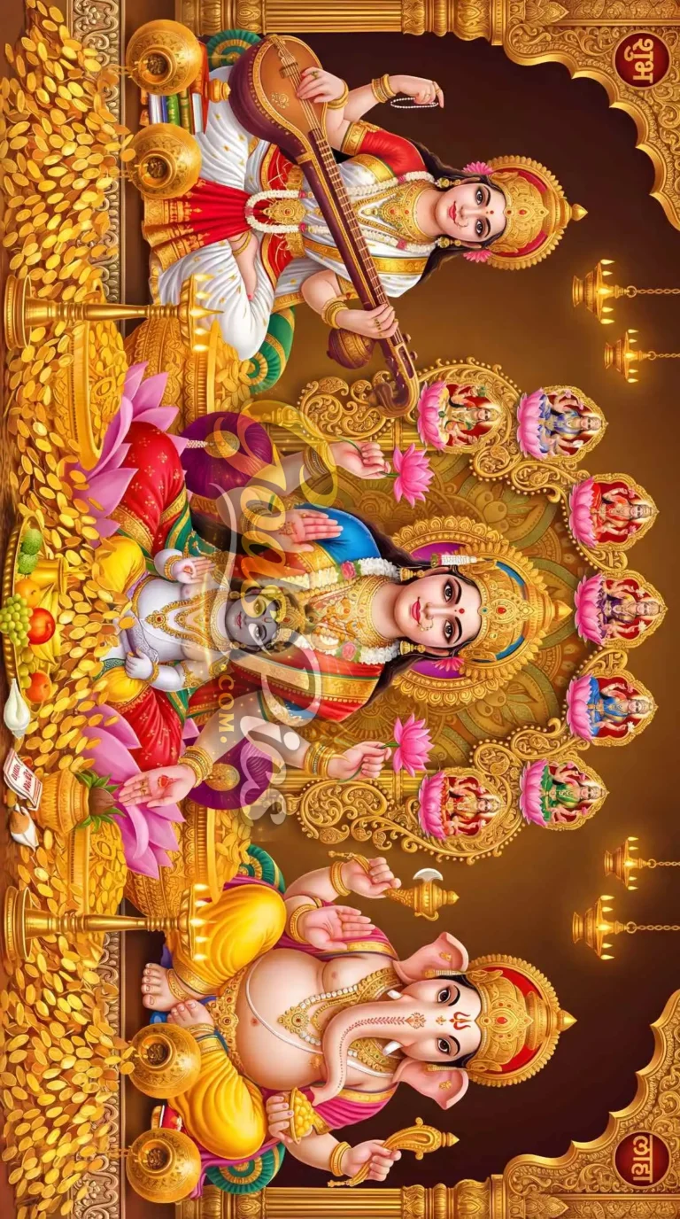 Maa Lakshmi with Lord Ganesha and Goddess Saraswati HD Wallpaper