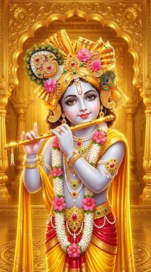 Lord Krishna Playing Flute Golden Full HD Wallpaper Download
