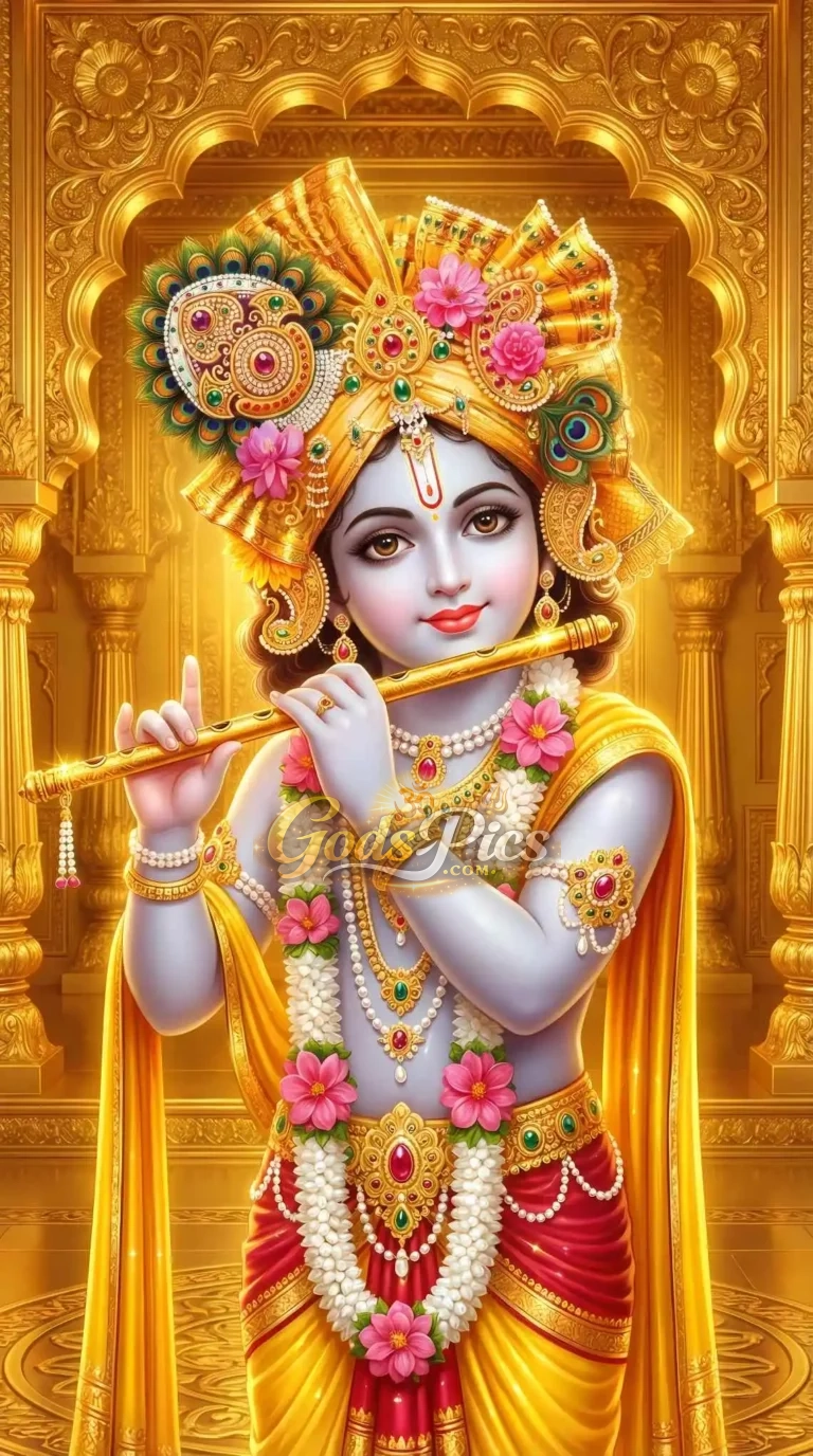 Lord Krishna Playing Flute Golden Full HD Wallpaper Download