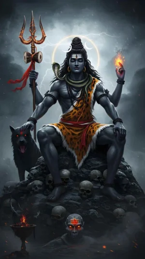 Fierce Lord Shiva Aghori form sitting with Trishul, fire, skulls, and black wolf in dark stormy background HD wallpaper.