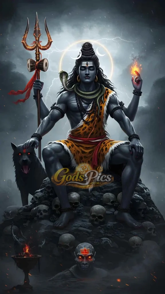 25 Best Mahadev Wallpapers HD Download 2026 40 Fierce Lord Shiva Aghori form sitting with Trishul, fire, skulls, and black wolf in dark stormy background HD wallpaper.