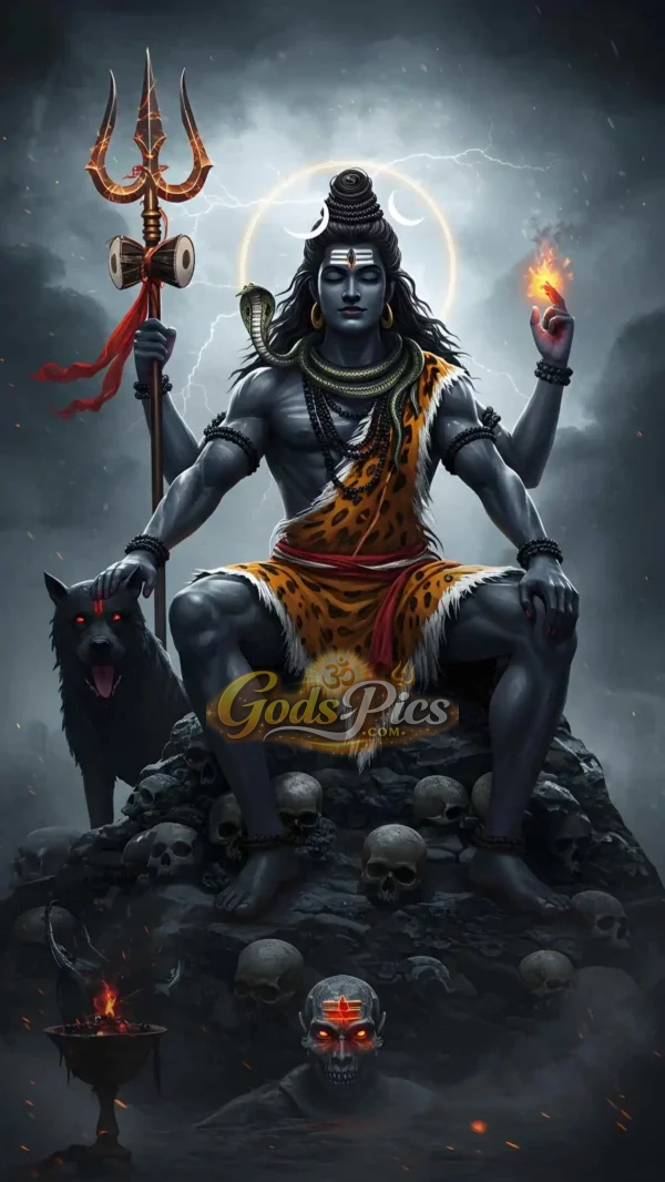 Fierce Lord Shiva Aghori form sitting with Trishul, fire, skulls, and black wolf in dark stormy background HD wallpaper.