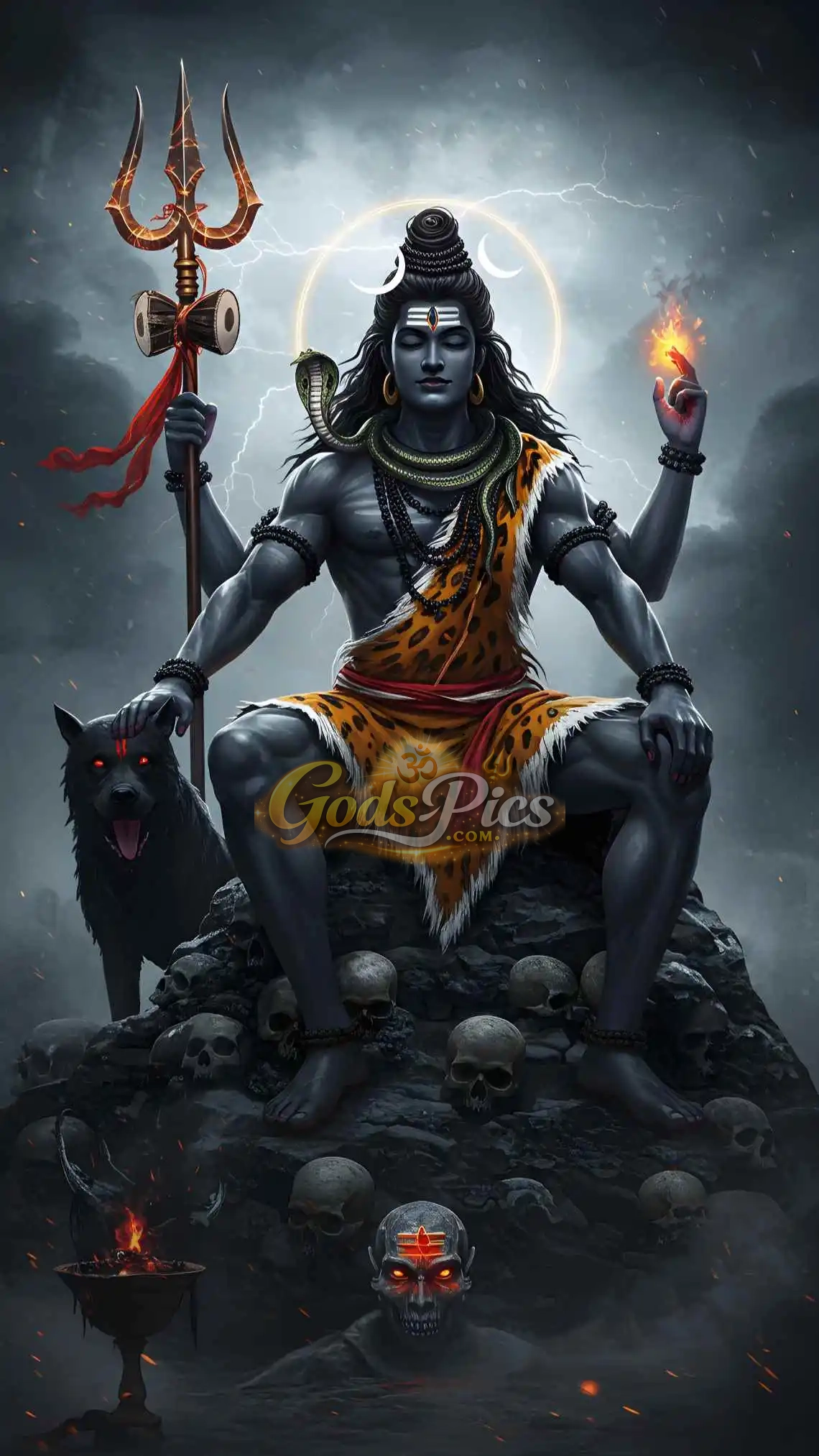 Fierce Lord Shiva Aghori form sitting with Trishul, fire, skulls, and black wolf in dark stormy background HD wallpaper.