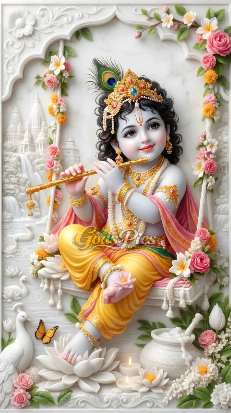 Little Krishna Beautiful 8K UHD Marble Wallpaper (2 Images)