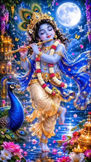 Lord Krishna Plying Flute Beautiful 4K HD Wallpaper