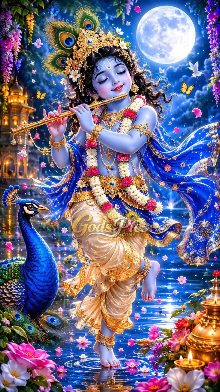 Lord Krishna Plying Flute Beautiful 4K HD Wallpaper