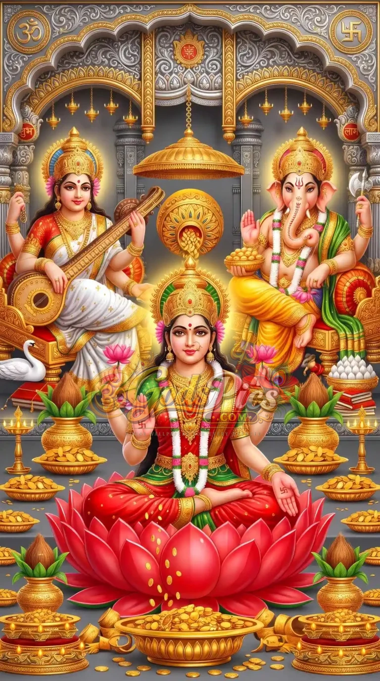 Beautiful Wall Art Laxmi Saraswati & Ganesh Wallpaper (2 Images)