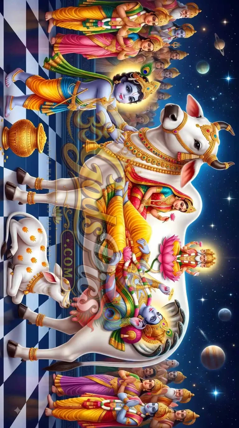 Divine Kamdhenu Cow with Lord Vishnu, Lakshmi & Bal Gopal Spiritual Art ( 4 Images)