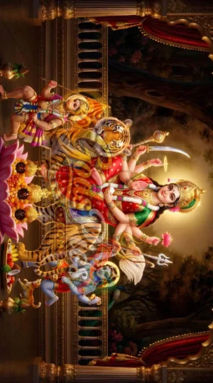 Maa Durga Tiger with Bal Hanuman HD Wallpaper