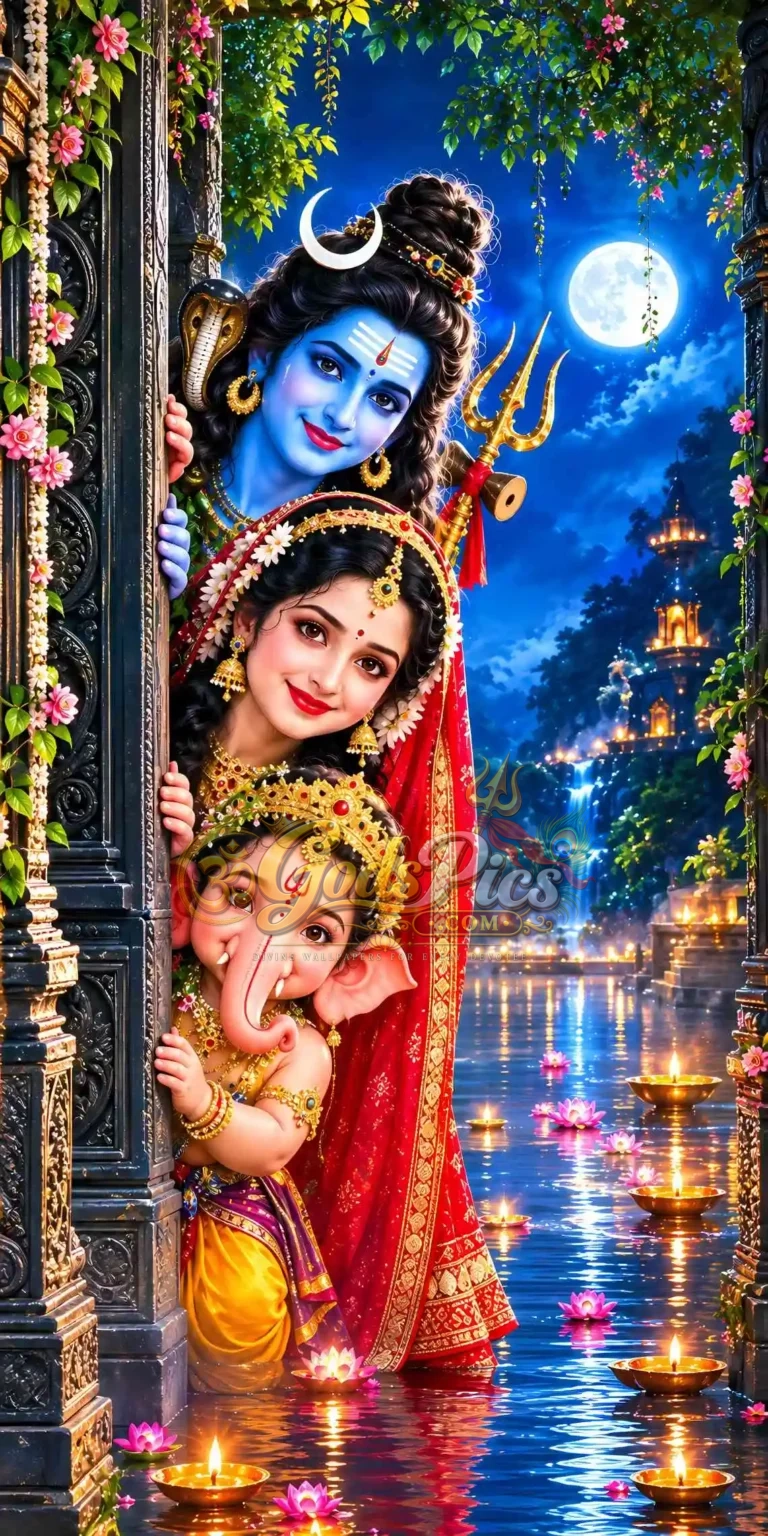 Beautiful Wallpaper Lord Shiv Parvati & Ganesha 8K Download