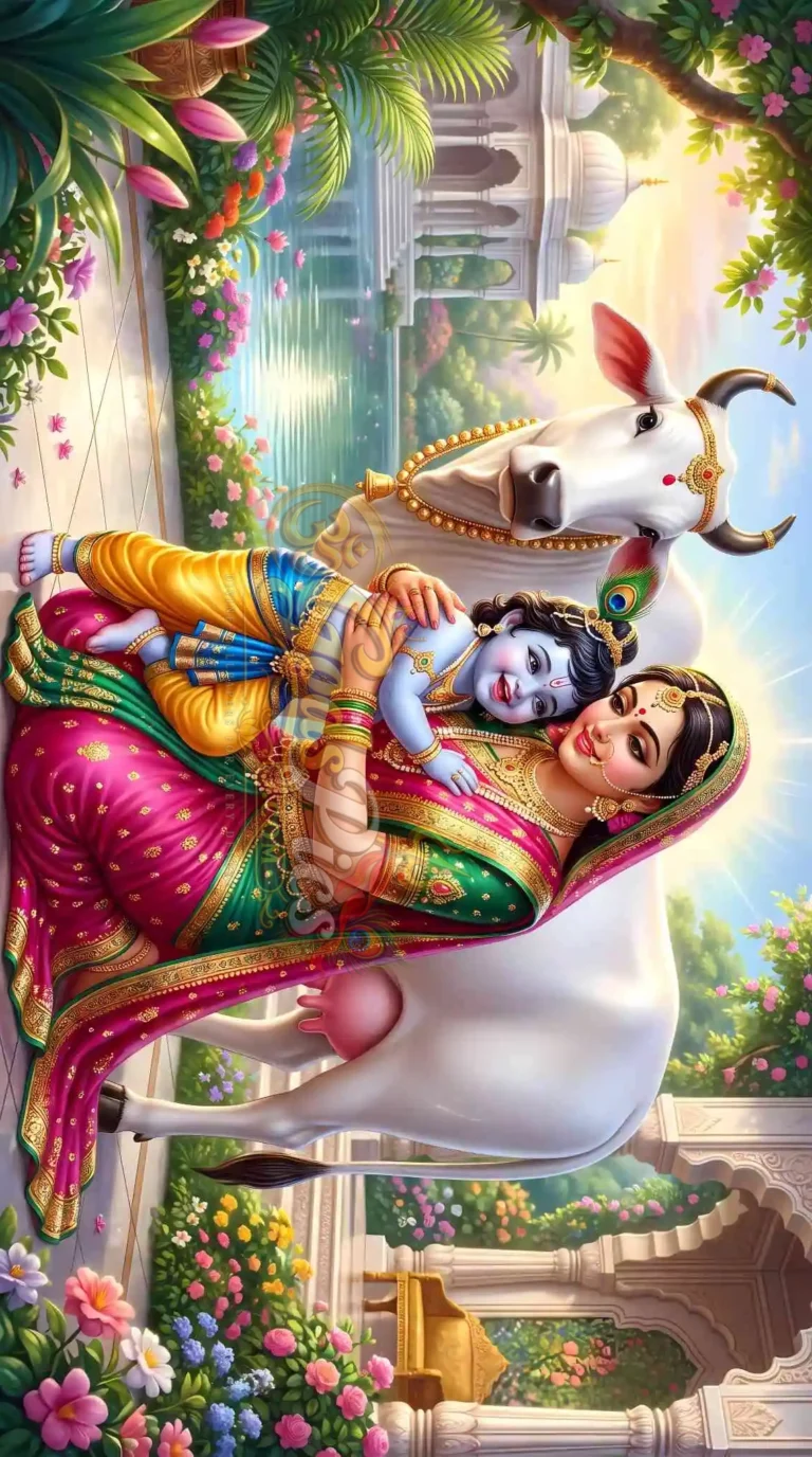 Divine Gau Mata & Bal Krishna Spiritual Painting for Home Mandir & Living Room