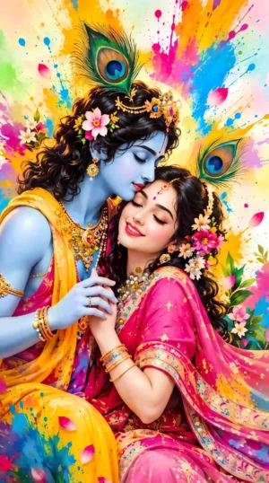 Beautiful Radha & Krishna Colorful Printing Wallpaper
