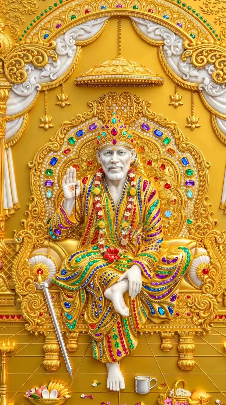 Shirdi Sai Baba Golden Throne 8K Wallpaper Download