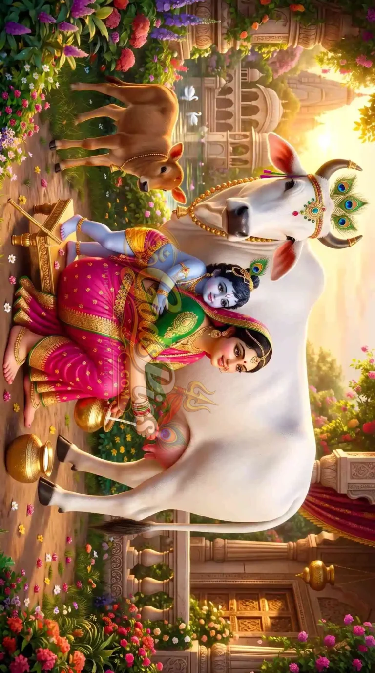 Yashoda Krishna with Kamdhenu Cow Canvas Wall Art (2 Images)